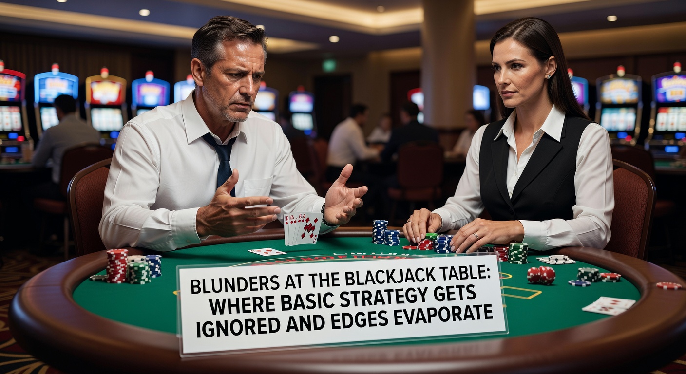 Ein hektischer Blackjack-Tisch in einem vollen Casino, wo Spieler verzweifelt auf ihre Karten starren und impulsive Entscheidungen treffen
