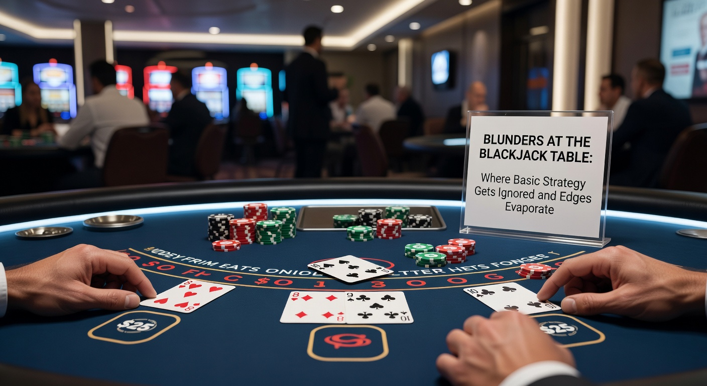 Nahaufnahme eines Spielers, der frustriert auf seine 16er-Hand starrt, während der Dealer eine starke Karte zeigt, mit Chips im Einsatz