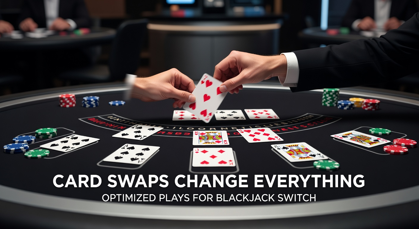 Darstellung eines Blackjack Switch-Tisches mit getauschten Karten und Strategie-Entscheidungen