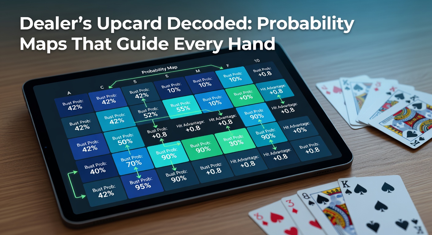 Grafische Darstellung einer Blackjack-Tabelle mit Dealers Upcard und Spieleroptionen, die Wahrscheinlichkeiten für Hits, Stands und Doubles hervorhebt