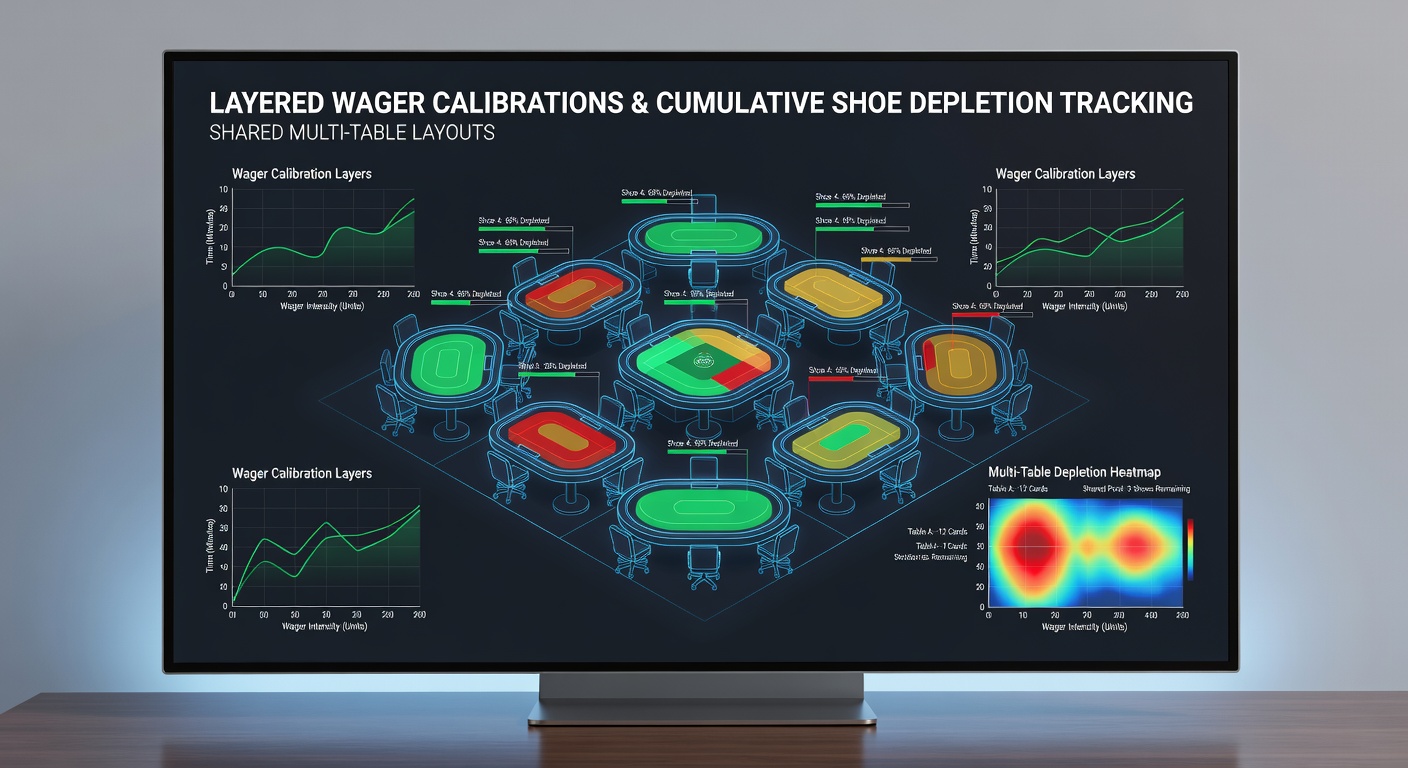 Darstellung von Multi-Tisch-Blackjack-Layouts mit schichtweisen Wettkalibrierungen und Schuhdepletions-Tracking