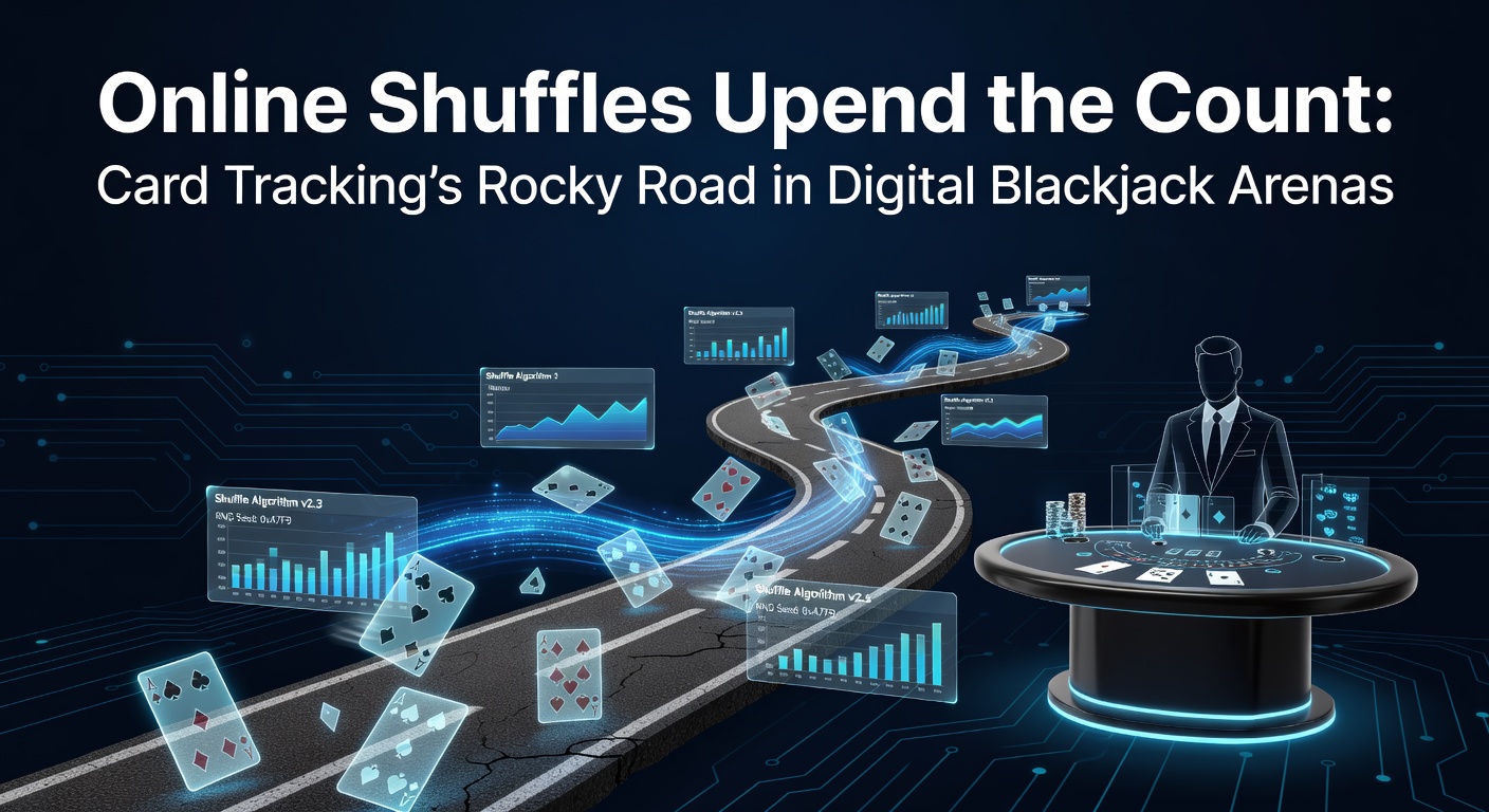 Grafik eines RNG-Algorithmus, der Karten in Echtzeit reshuffelt, mit Zahlenströmen und Blackjack-Tischen im Hintergrund