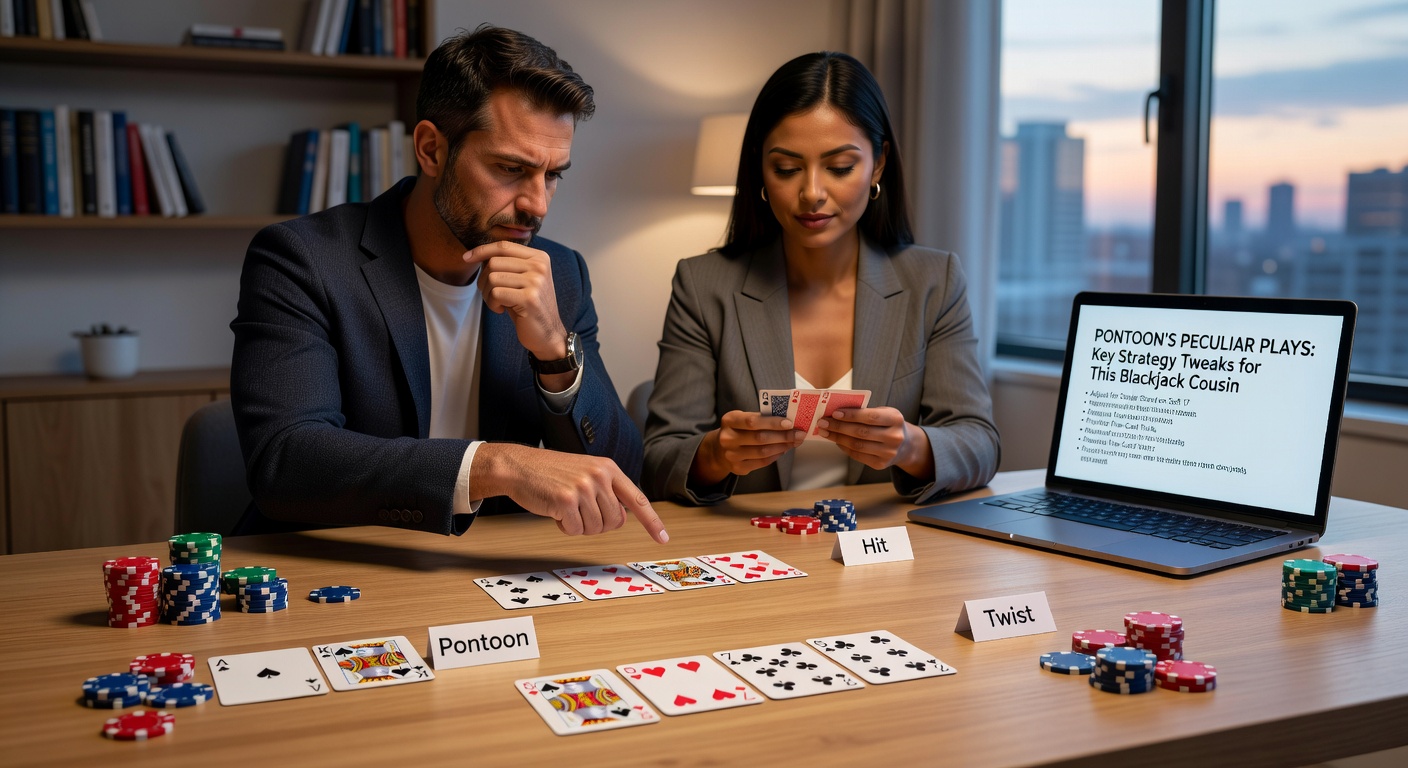 Strategietabelle für Pontoon, die Hit, Stand und Buy-Optionen bei verschiedenen Händen illustriert