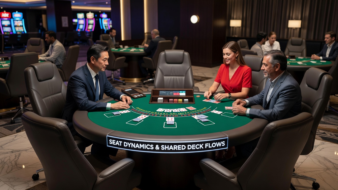 Detailansicht eines Blackjack-Tisches mit markierten Sitzpositionen und Deckfluss
